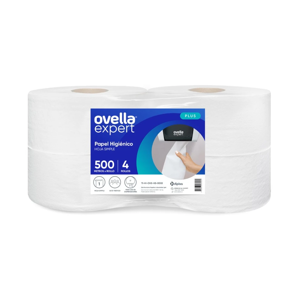 Papel Higiénico Jumbo Hoja Simple 4 Rollos x 500 mts, Ovella